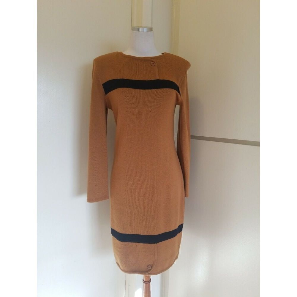 Vintage Courreges  Womens Sweater Dress Brown Black Stripe Knit Size Medium